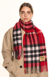 A red tartan cashmere scarf in a stylish premium gift box.