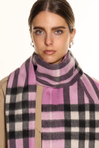 People of different cultures sharing gifts and wearing iconic Scottish cashmere scarves.